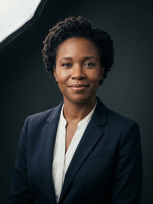 AI-generated example of a Boardroom-style headshot: dark suit against a charcoal studio backdrop