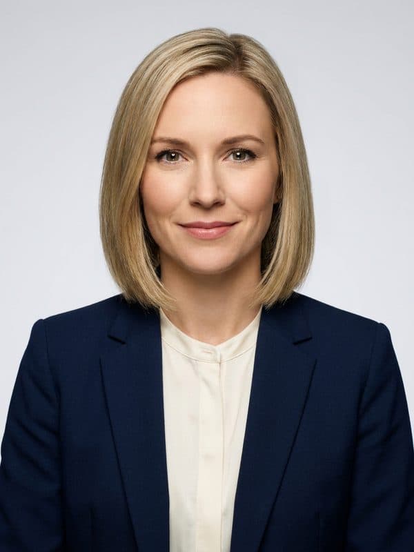 AI-generated example of a Classic Studio headshot: neutral blazer on a light-grey seamless studio backdrop