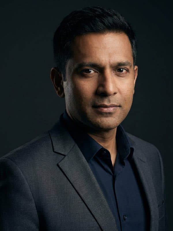 AI-generated example of an Executive Dark headshot: dark suit with dramatic directional light on a near-black backdrop