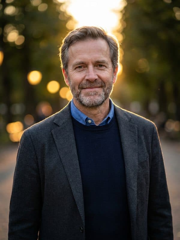 AI-generated example of an Outdoor Professional headshot: golden-hour light with a soft city background