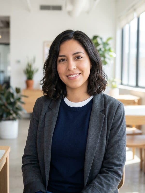 AI-generated example of a Startup-style headshot: smart casual in a bright modern workspace