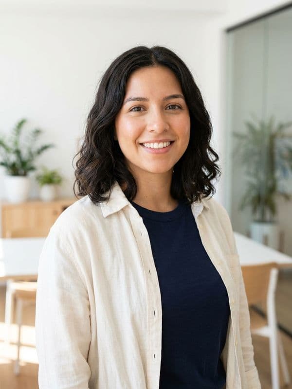 AI-generated example of a Startup-style headshot: smart casual in a bright modern workspace